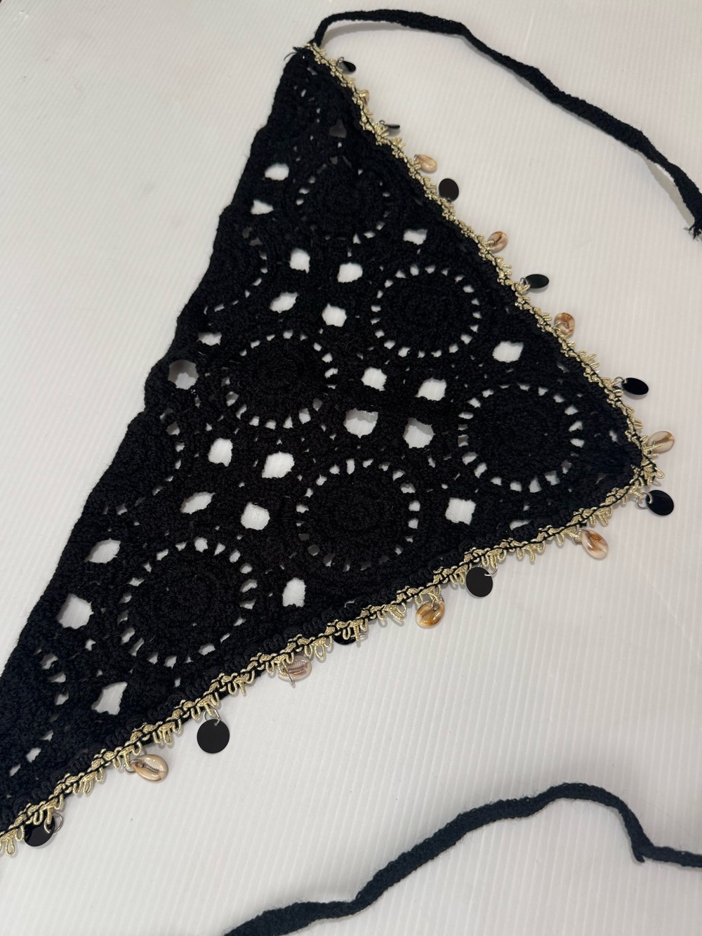 Boho Black Crochet Triangle Head Scarf Shell Charm Trim Beach Festival Bandana - Picture 8 of 9